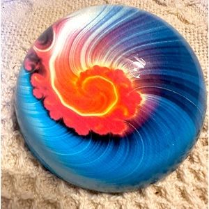 Stunning Vibrant PAPERWEIGHT-ART GLASS DOME, NAUTILUS BLUE/CORAL